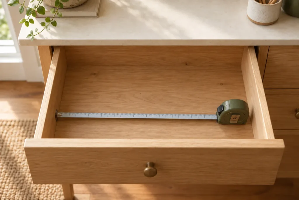 Tape measure resting across the inside of an empty wooden drawer.