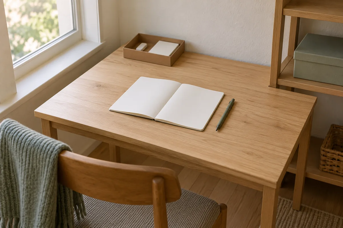 Desk without drawers with an open notebook and pen, a shallow stationery box, and a closed storage box on a nearby shelf.